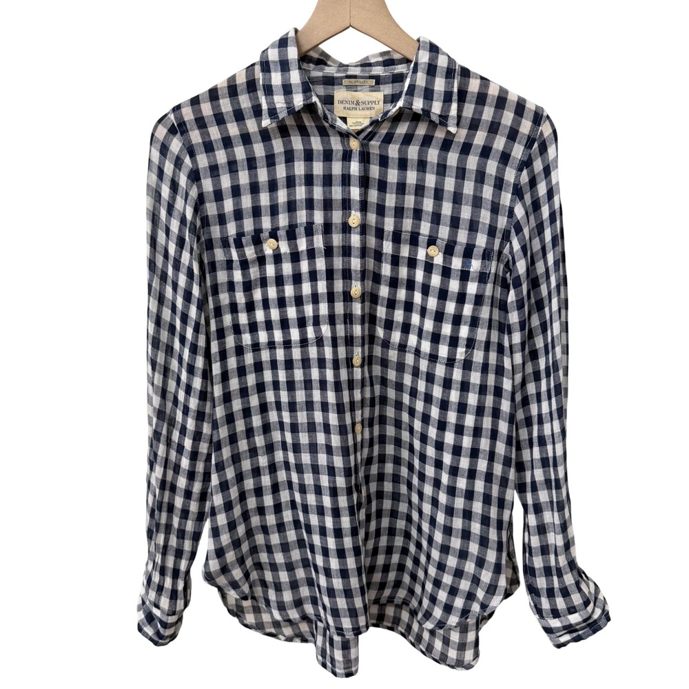 Denim & Supply Ralph Lauren Shirt Medium Navy Blue Gingham Cotton Utility Gauze